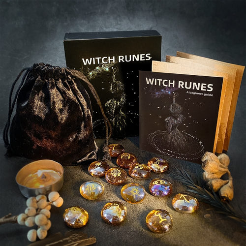 Witch Runes set with class runes, guidebook, and pouch on a dark background