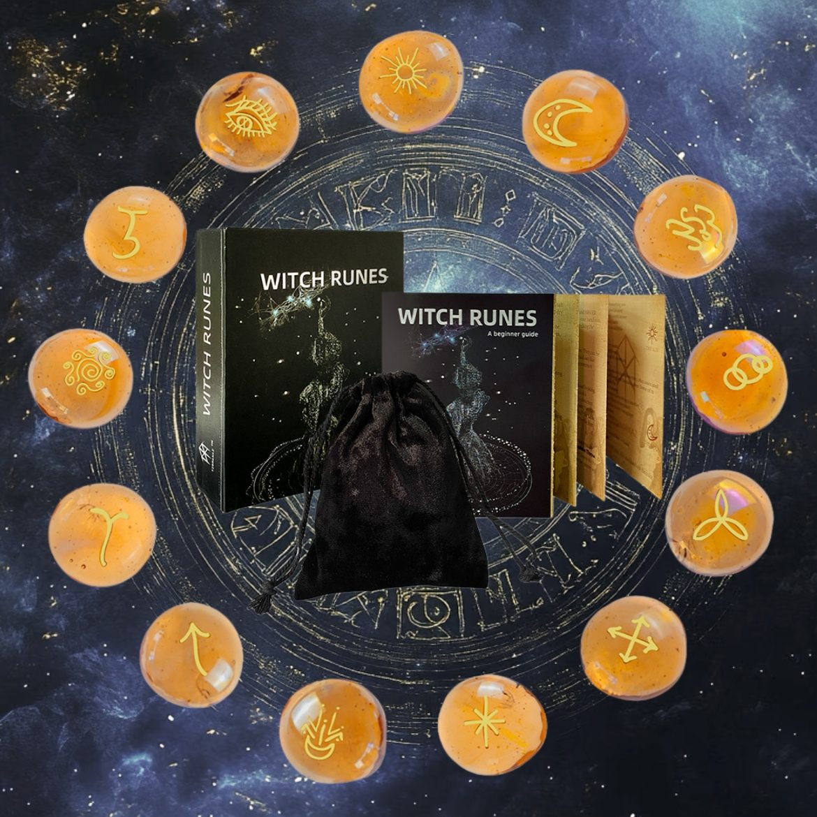 Witch Runes set with packaging and pouch on a starry background