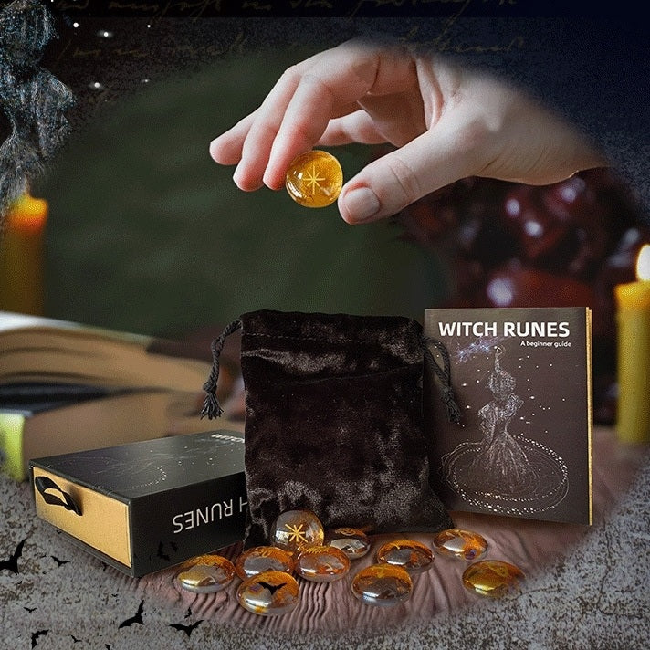Witch runes set with runes, bag, and book on a mystical background