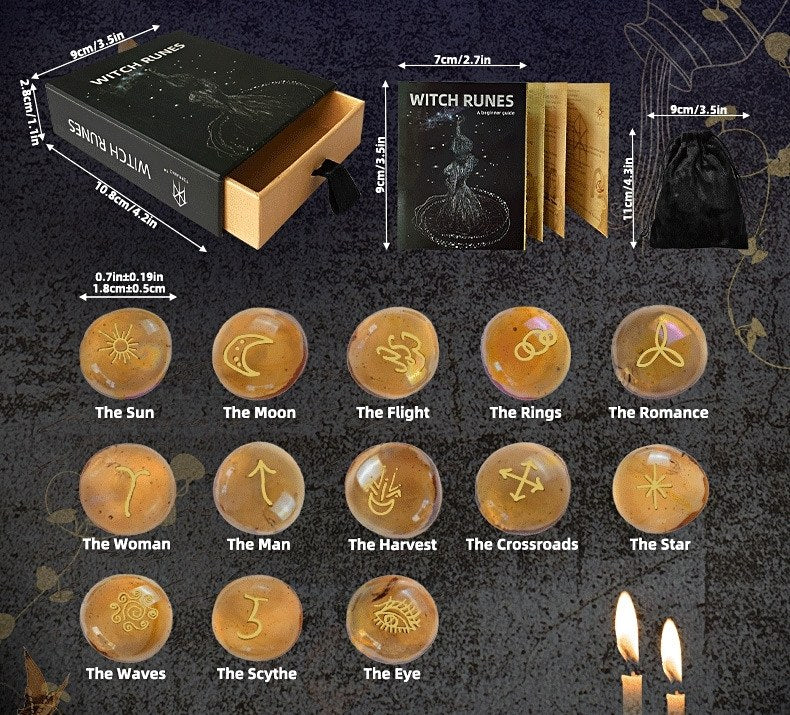 Celestial Amber: 13-Piece Glass Witch Stone Rune Divination Set