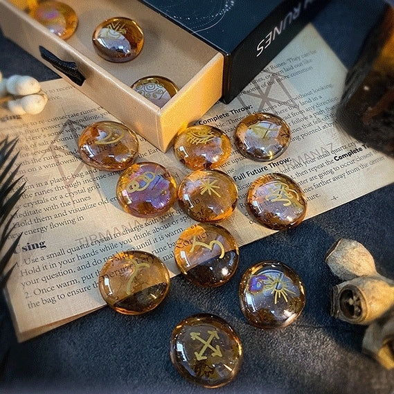 Set of crystal Runes on an open book with a box labeled 'CrystalRunes' in the background.