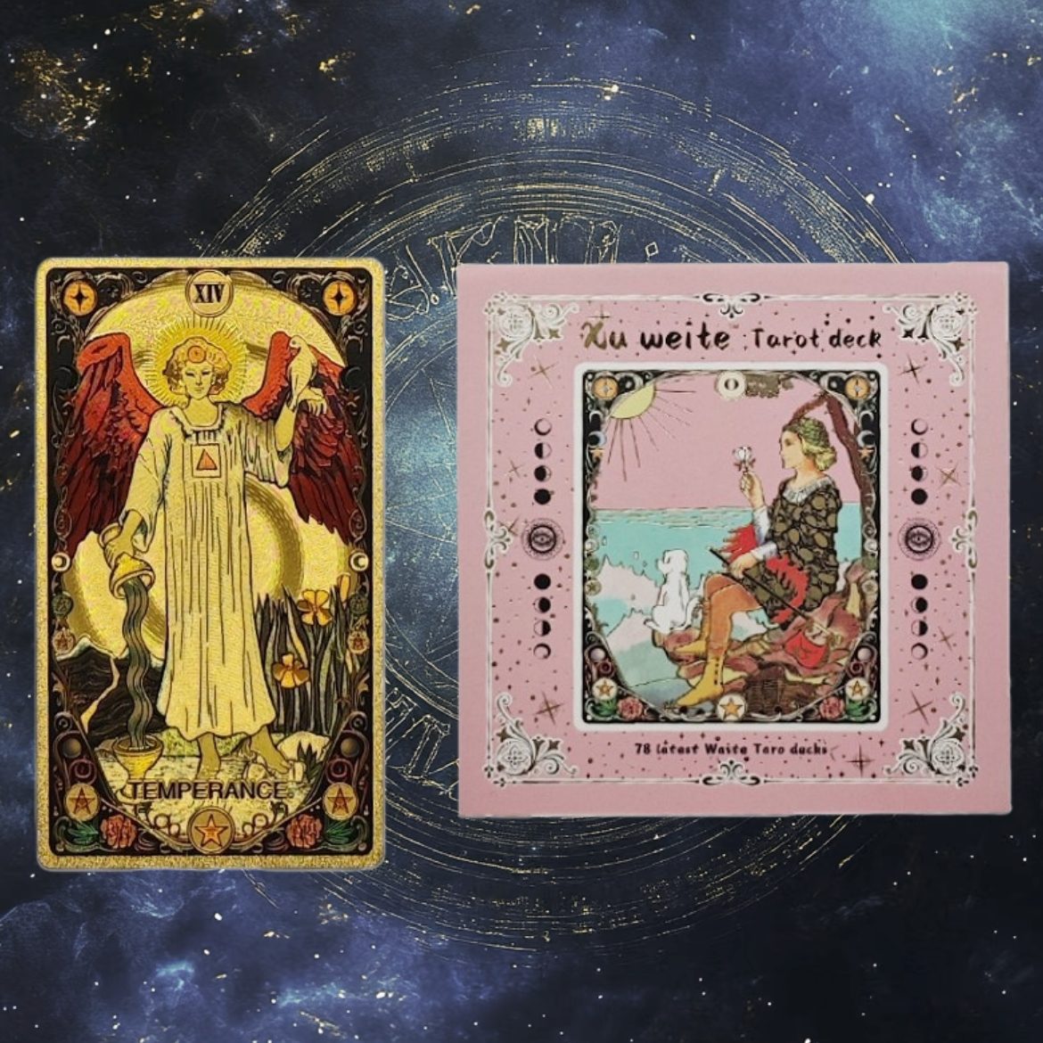 one tarot cards and box on a starry background, one gold with an angel and the other pink with a woman.