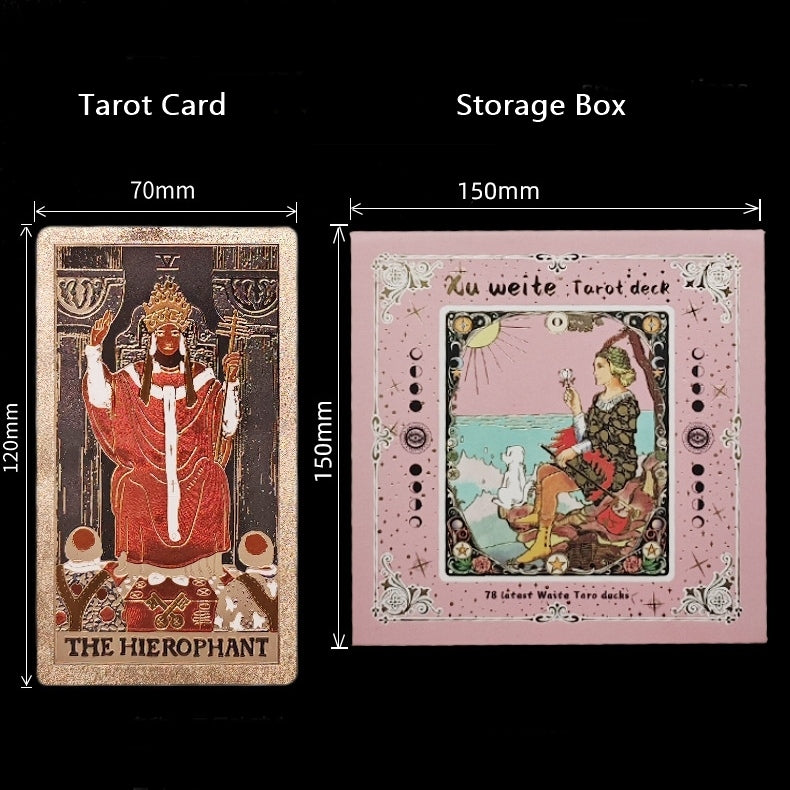 Tarot card and storage box dimensions with measurements indicated.