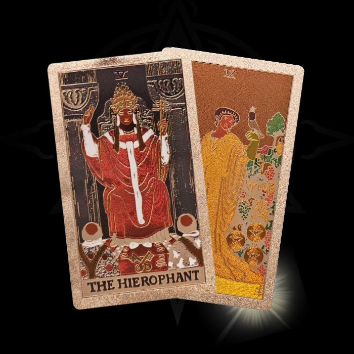 Two foil tarot cards, 'The Hierophant' on a dark background