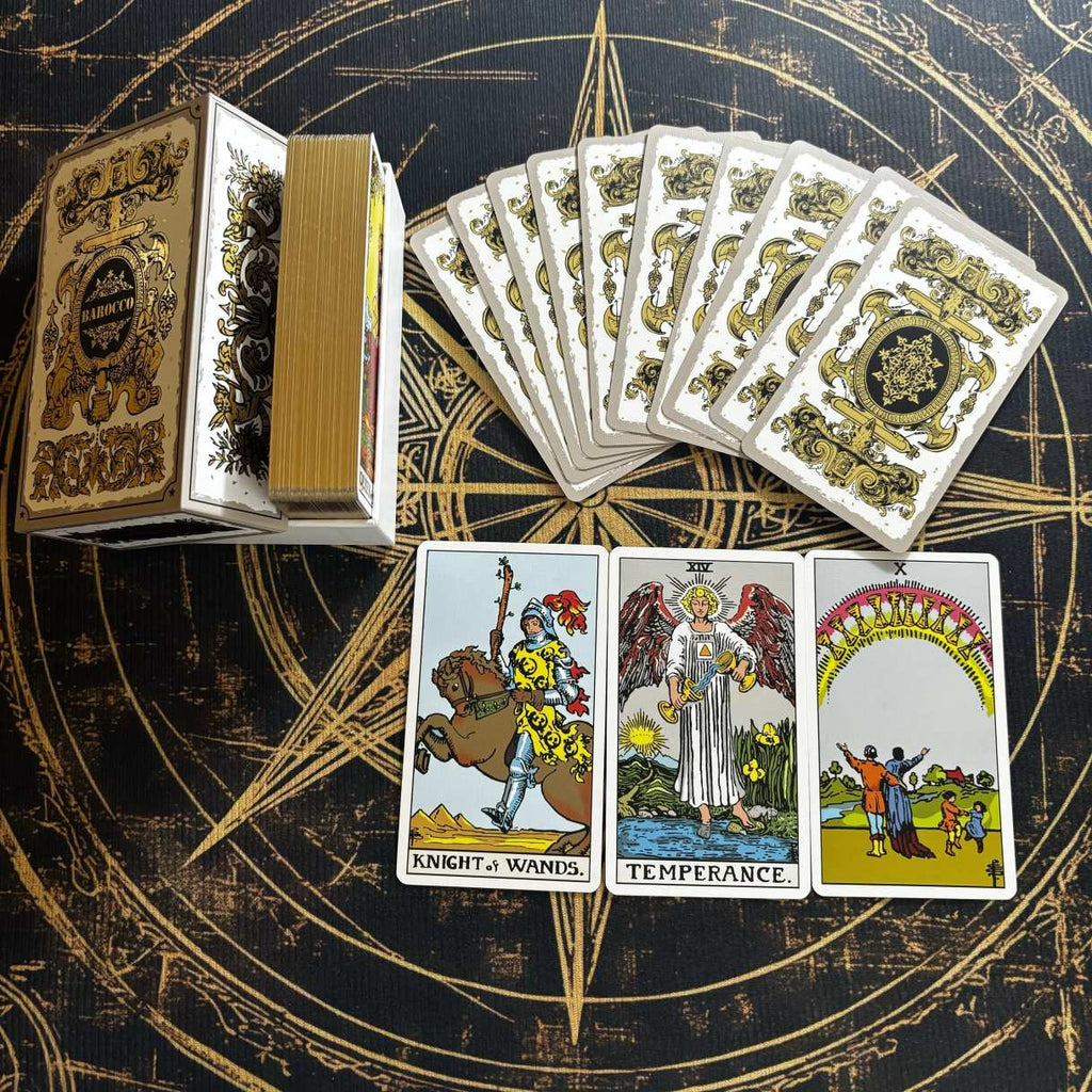 Set of tarot cards with Golden Ornate Crest Baroque and Gold Glitter Gilded Edges on a decorative background with 'Knight of Wands' and 'Temperance' cards displayed.