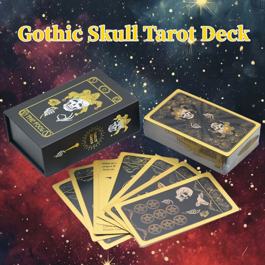 Gothic Skull Tarot Deck with packaging on a cosmic background