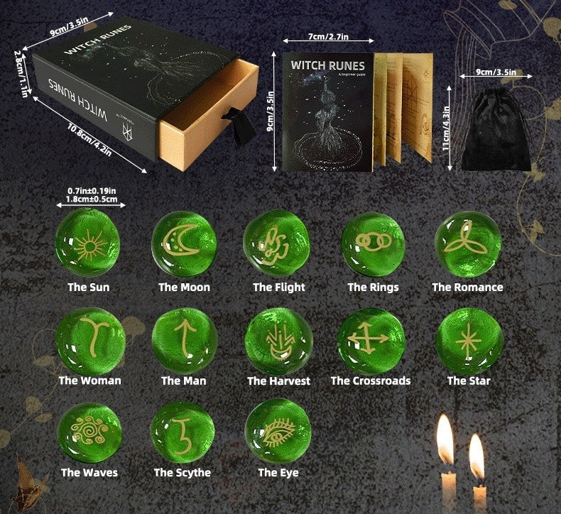 Witch runes set with green stones and packaging and dimensions indicated on a dark background