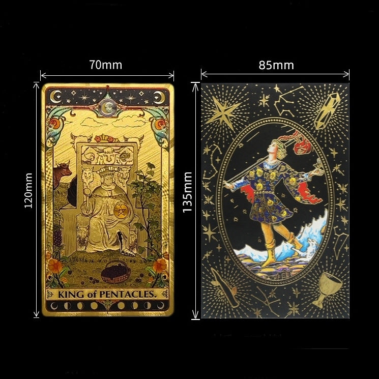 Two premium gold foil tarot cards with measurements on a black background