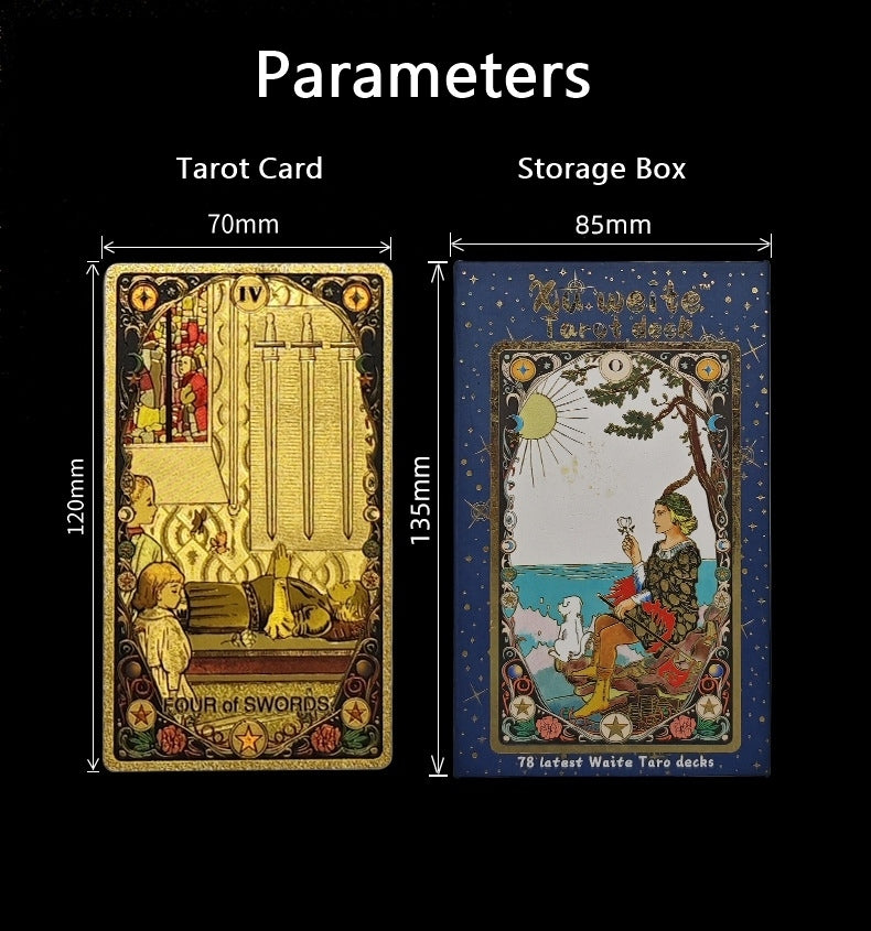 Two Kaleidoscope Holographic Rainbow Foil tarot cards with dimensions labeled on a black background