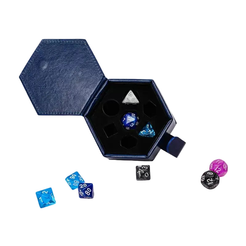 Hexagonal blue dice container with various polyhedral dice on a light gray background
