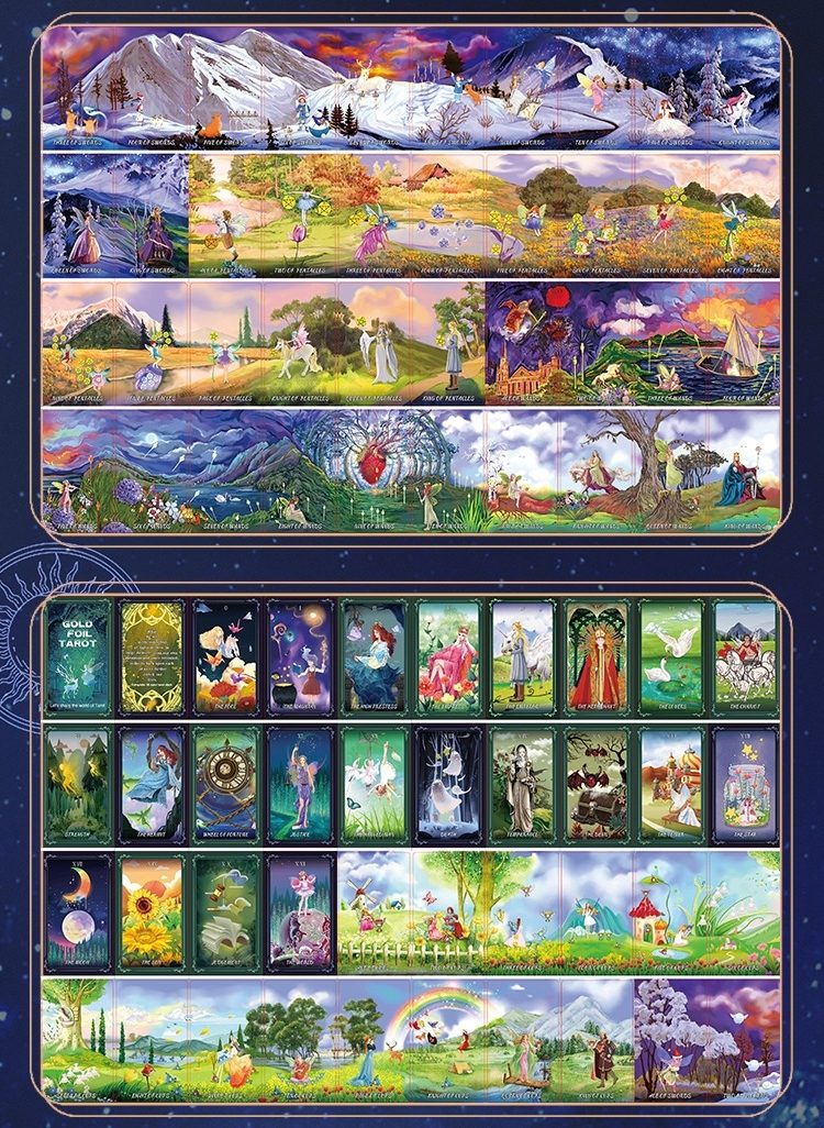 Collection of Laser Etched Gold Foil tarot cards with various scenes and characters on a blue border.