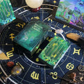 Obsidian Mirror Gold Foil Laser Etched  Tarot Cards on a star map with tarot cards and crystals.