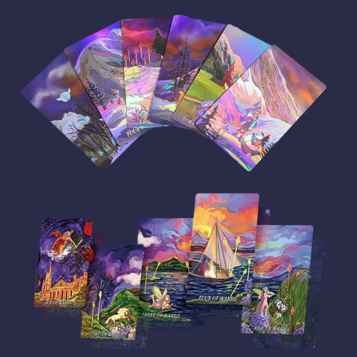 Set of colorful Laser Etched Gold Foil tarot cards with various scenes on a dark background