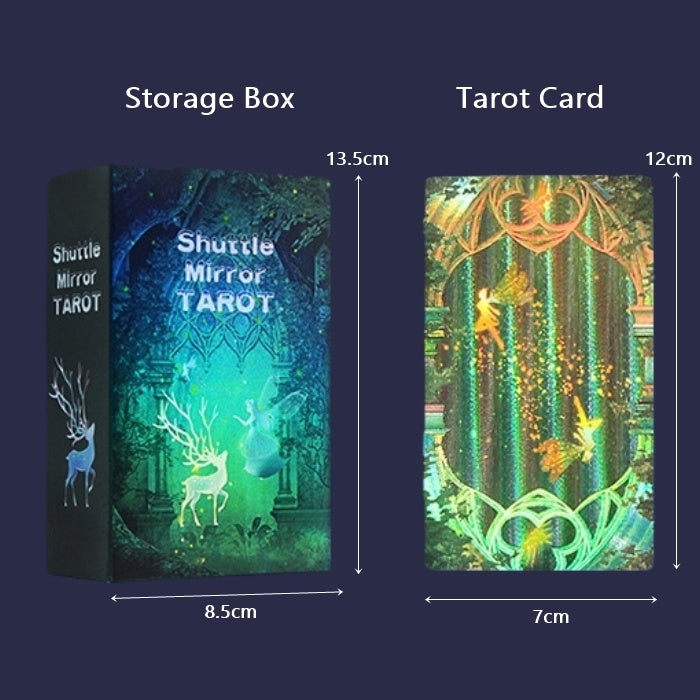 Storage box and Laser Etched Gold Foil tarot card with dimensions on a dark blue background