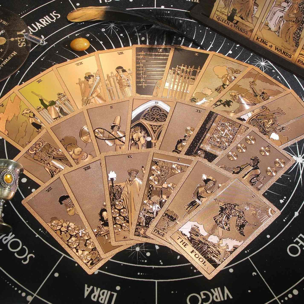 Set of tarot cards on a black background with astrological signs