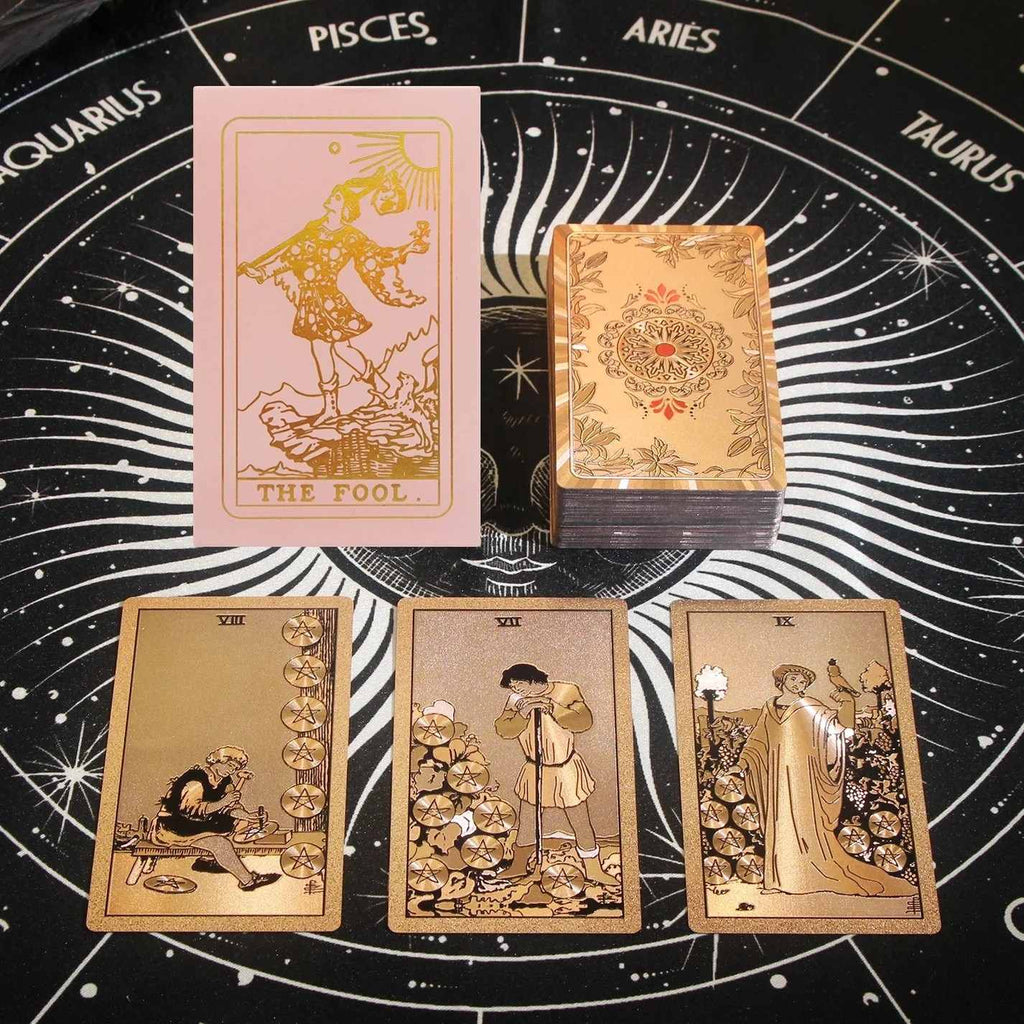 Set of tarot cards on a zodiac wheel background