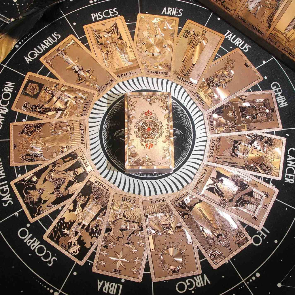Gold tarot cards arranged in a circular pattern on a black astrological wheel.