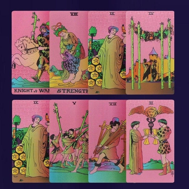 Set of tarot cards with colorful illustrations on pink backgrounds