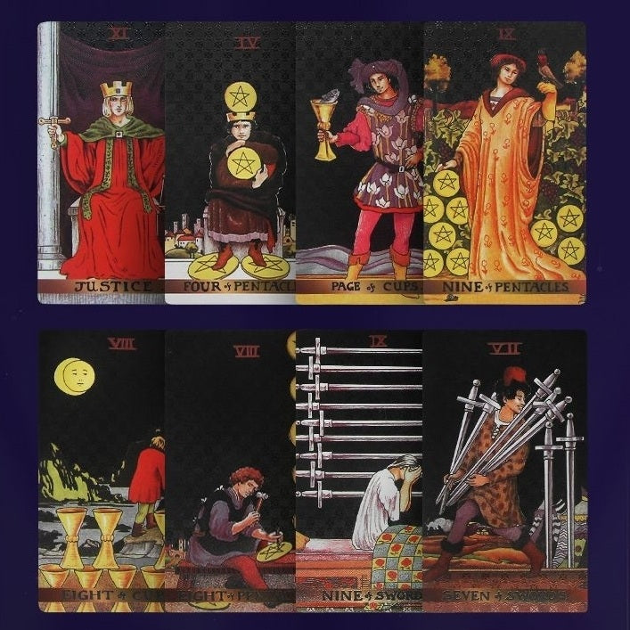 Set of tarot cards with detailed artwork on a dark background
