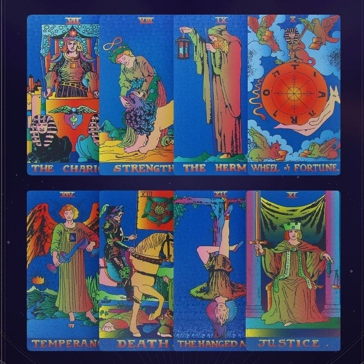 Set of tarot cards with colorful illustrations and text on a blue background