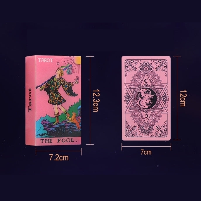 Pink tarot card box with 'The Fool' illustration and dimensions on a black background