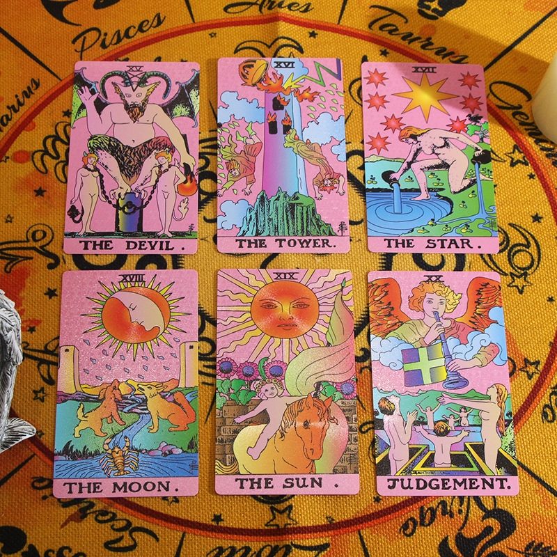 Set of tarot cards on a zodiac-themed background