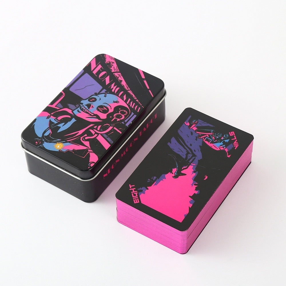 Pink Lunar Neon Moon Tarot Deck - Cyberpunk 78 Cards with Metal Tin