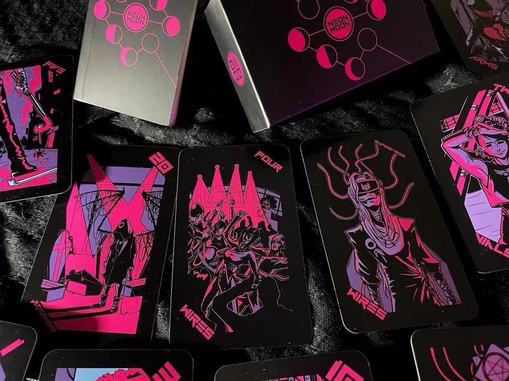 Pink Lunar Neon Moon Tarot Deck - Cyberpunk 78 Cards with Metal Tin
