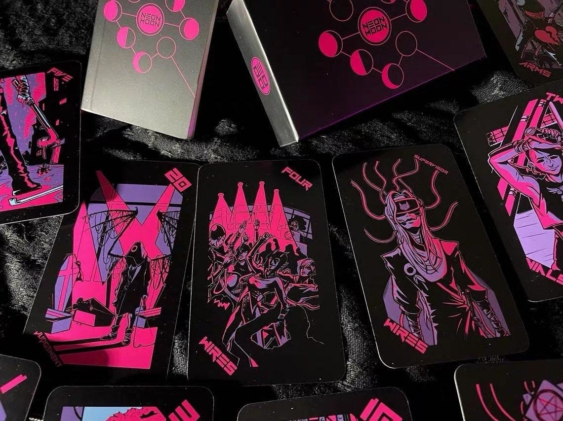 Pink Lunar Neon Moon Tarot Deck - Cyberpunk 78 Cards with Metal Tin