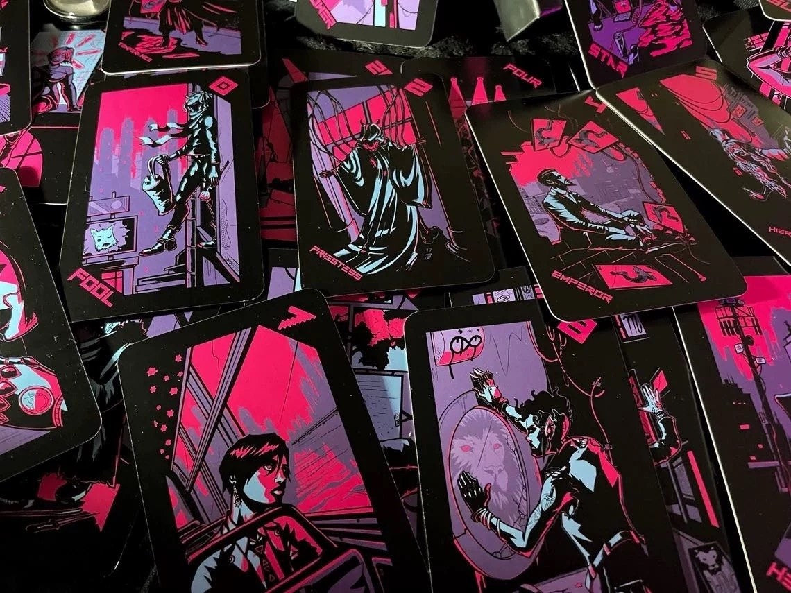 Pink Lunar Neon Moon Tarot Deck - Cyberpunk 78 Cards with Metal Tin