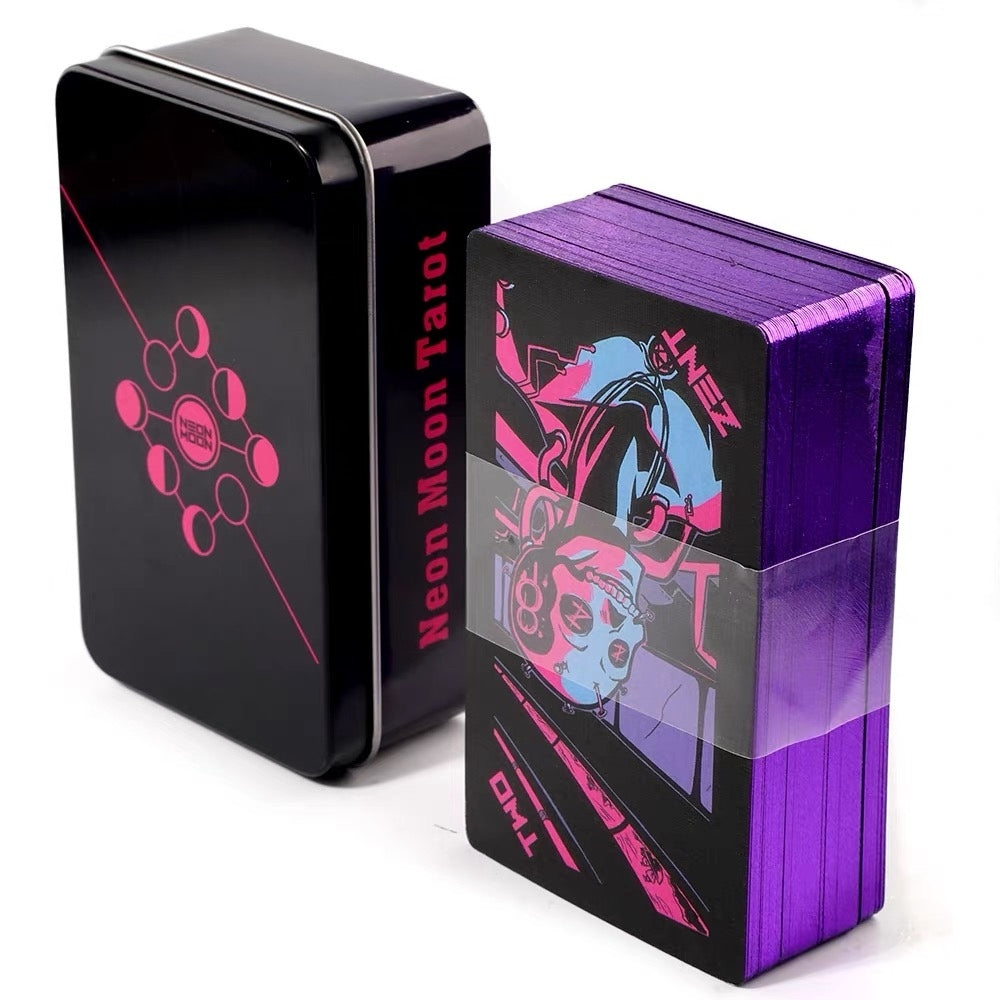 Pink Lunar Neon Moon Tarot Deck - Cyberpunk 78 Cards with Metal Tin