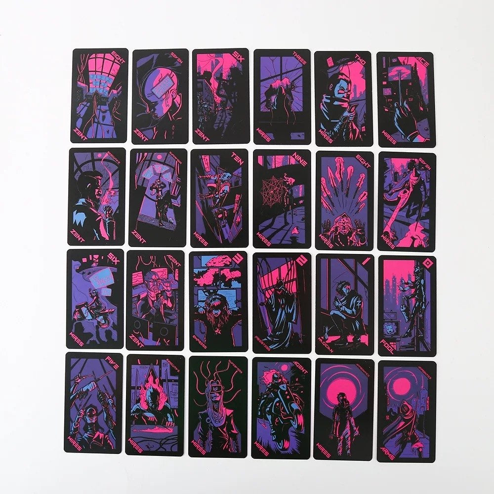 Pink Lunar Neon Moon Tarot Deck - Cyberpunk 78 Cards with Metal Tin