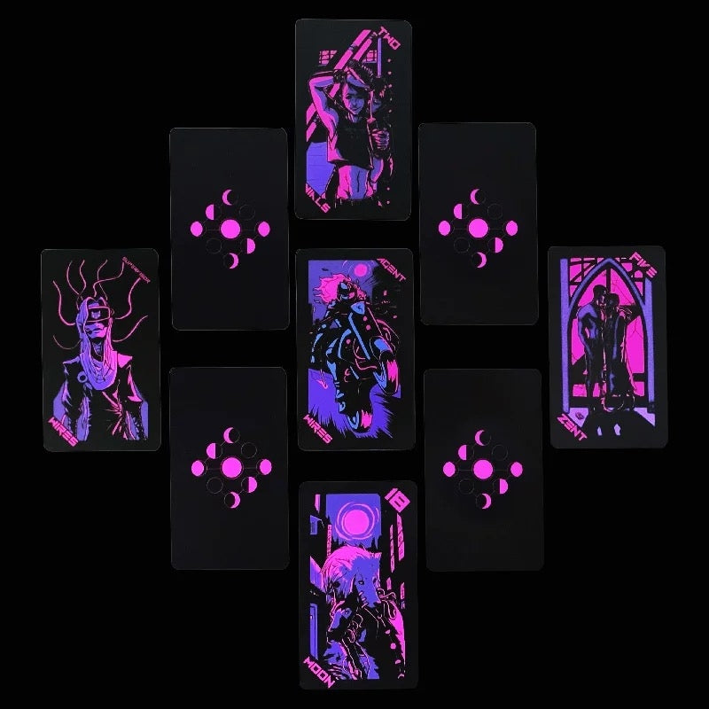 Pink Lunar Neon Moon Tarot Deck - Cyberpunk 78 Cards with Metal Tin
