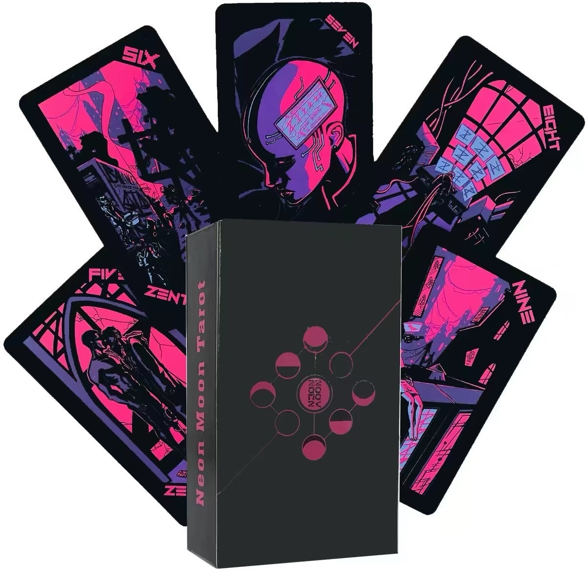 Pink Lunar Neon Moon Tarot Deck - Cyberpunk 78 Cards with Metal Tin