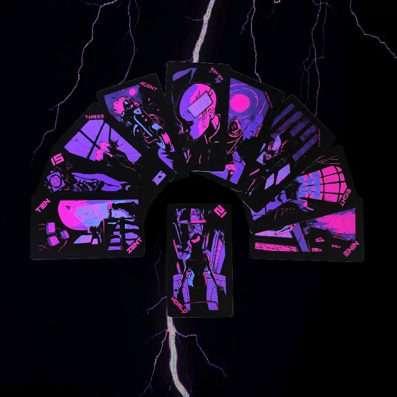 Pink Lunar Neon Moon Tarot Deck - Cyberpunk 78 Cards with Metal Tin
