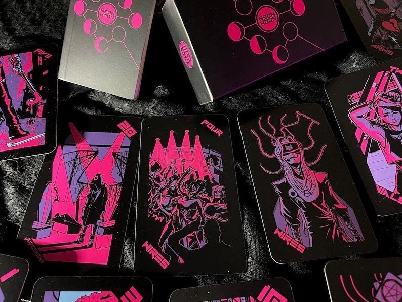 Pink Lunar Neon Moon Tarot Deck - Cyberpunk 78 Cards with Metal Tin