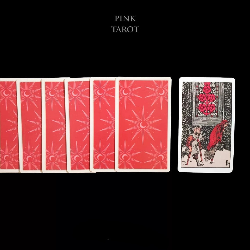 Set of red tarot cards with a black and white card on a black background, featuring the brand 'Pink Tarot'.