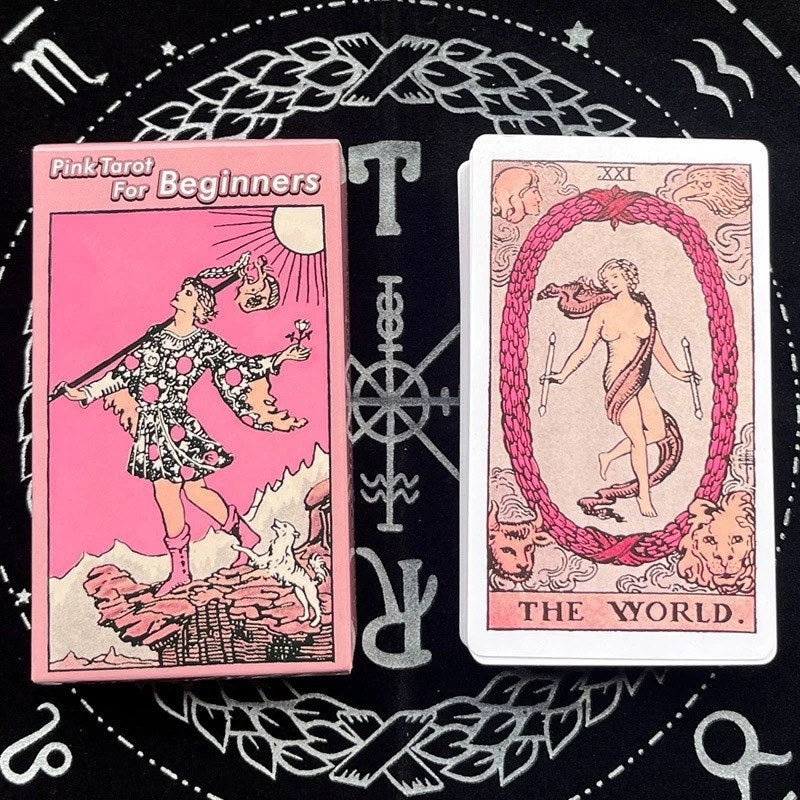 Two pink tarot cards on a black background with white symbols
