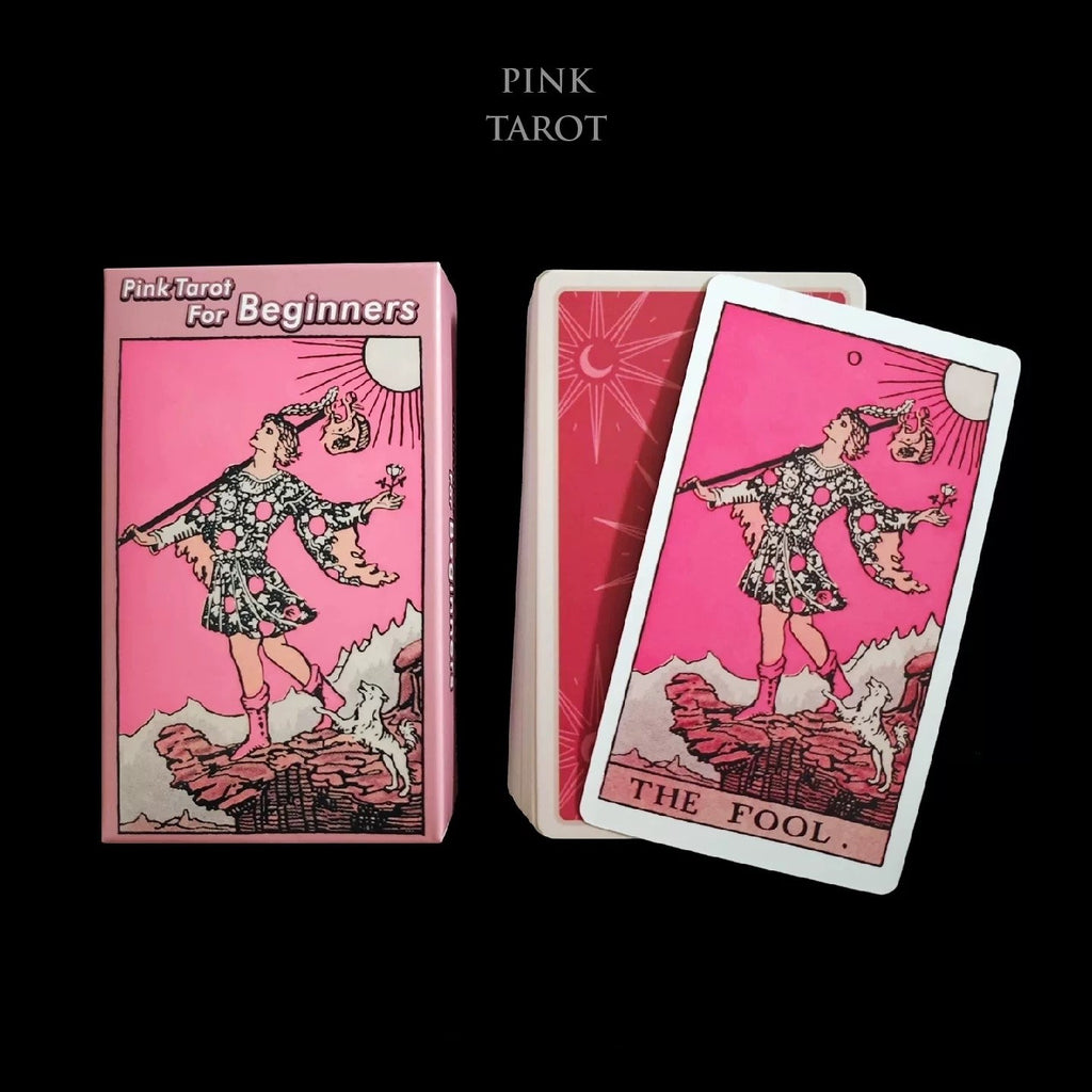 Pink tarot card set with 'The Fool' card on a black background