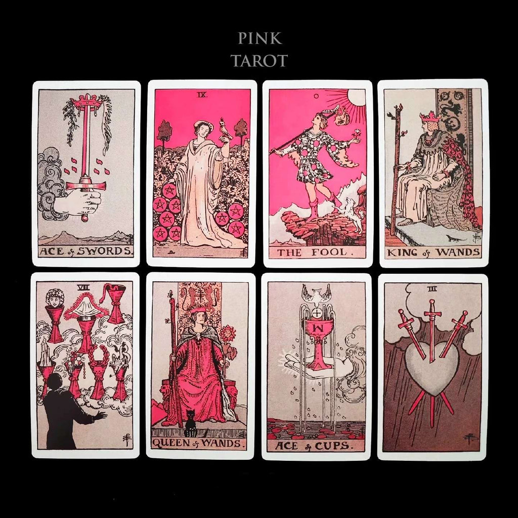 Set of tarot cards with pink and black design on a black background
