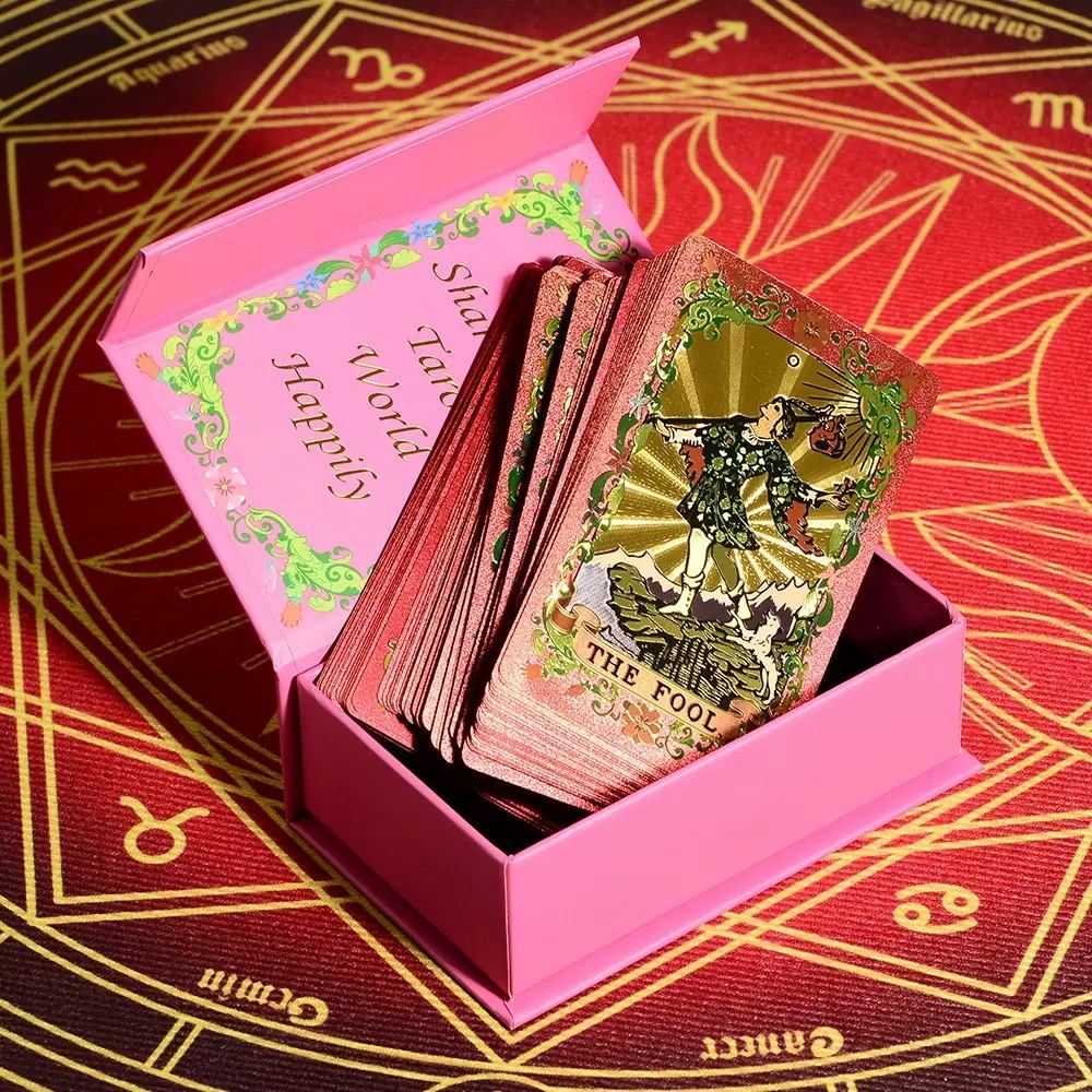 Pink & Gold Foil Mandala Tarot cards in a pink box on a red tarot card background
