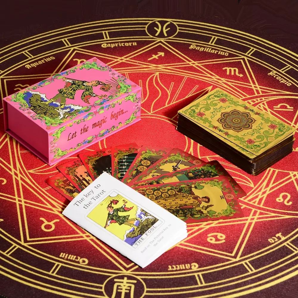 Pink & Gold Foil Mandala tarot cards with a pink box on an astrological symbol background