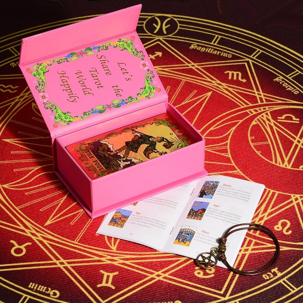 Open pink tarot card box with tarot cards on a red astrological symbol background