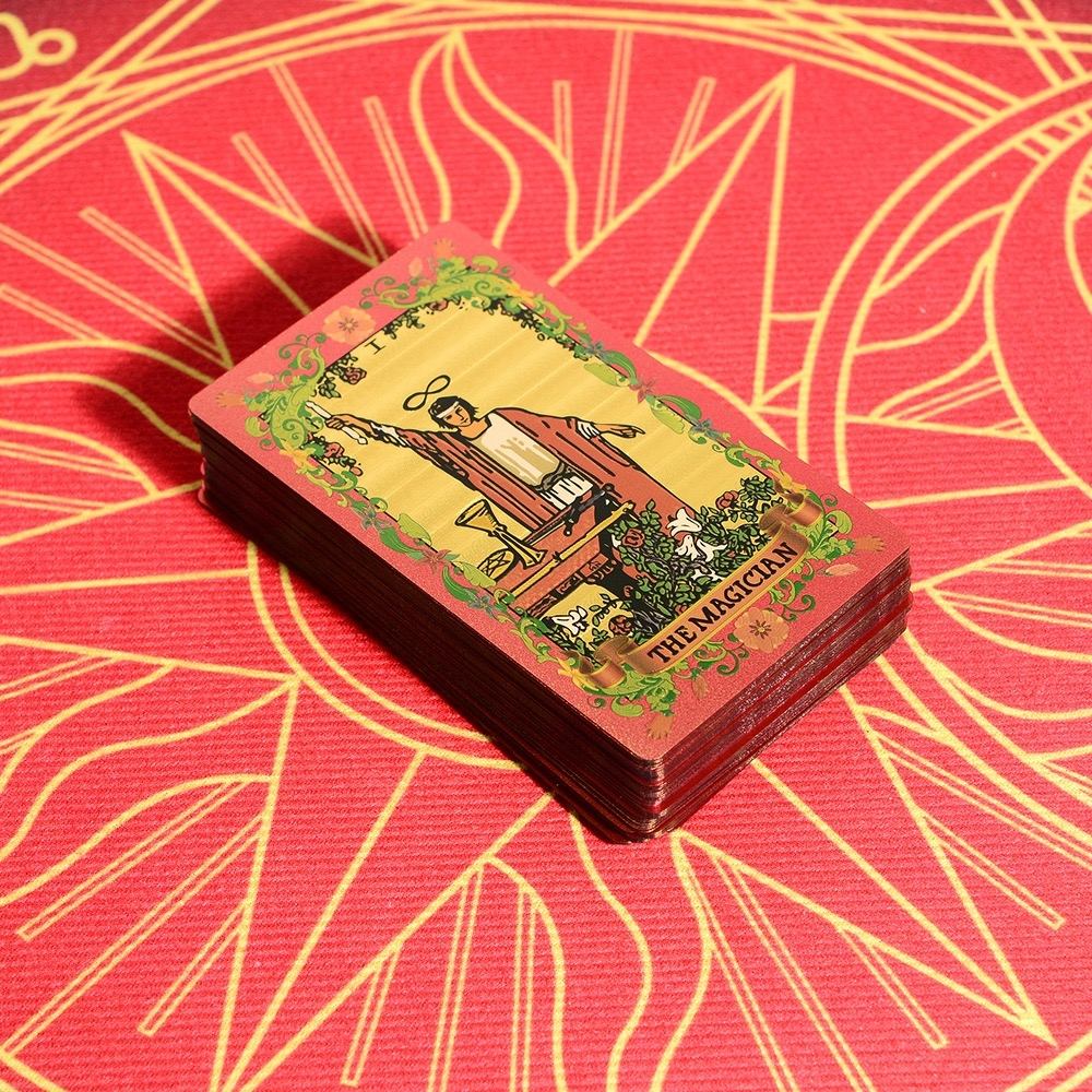 Stack of Pink & Gold Foil Mandala tarot cards on a red and gold patterned background
