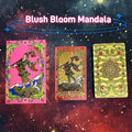 Pink & Gold Foil Mandala tarot cards with intricate designs on a starry background, featuring the brand 'Blush Bloom Mandala'.