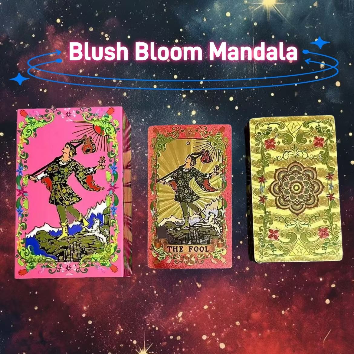 Pink & Gold Foil Mandala tarot cards with intricate designs on a starry background, featuring the brand 'Blush Bloom Mandala'.