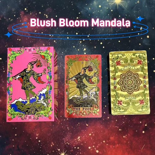 Pink & Gold Foil Mandala tarot cards with intricate designs on a starry background, featuring the brand 'Blush Bloom Mandala'.