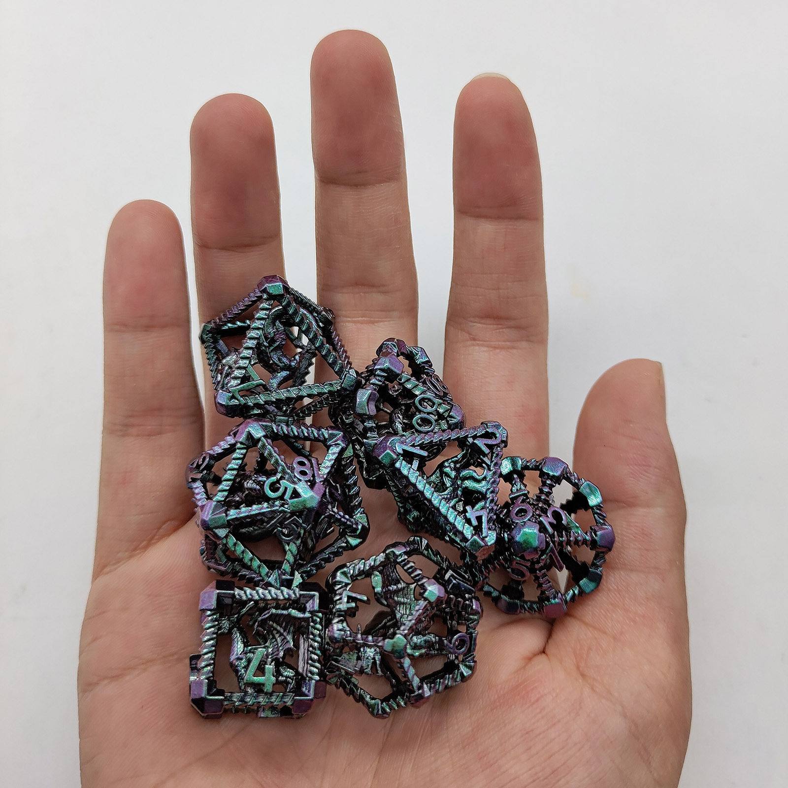 Prismatic Dragon Scale Hollow Metal DND Dice Set