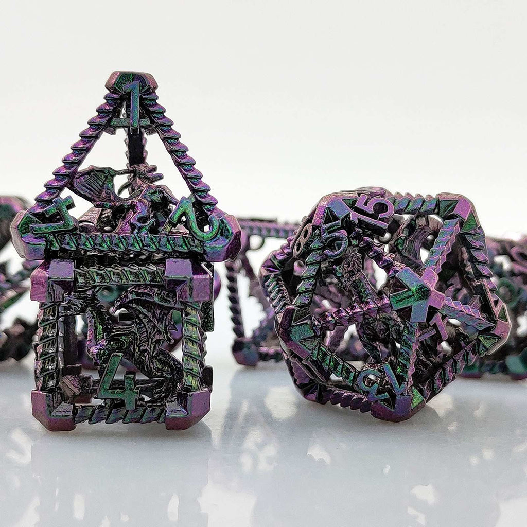 Prismatic Dragon Scale Hollow Metal DND Dice Set