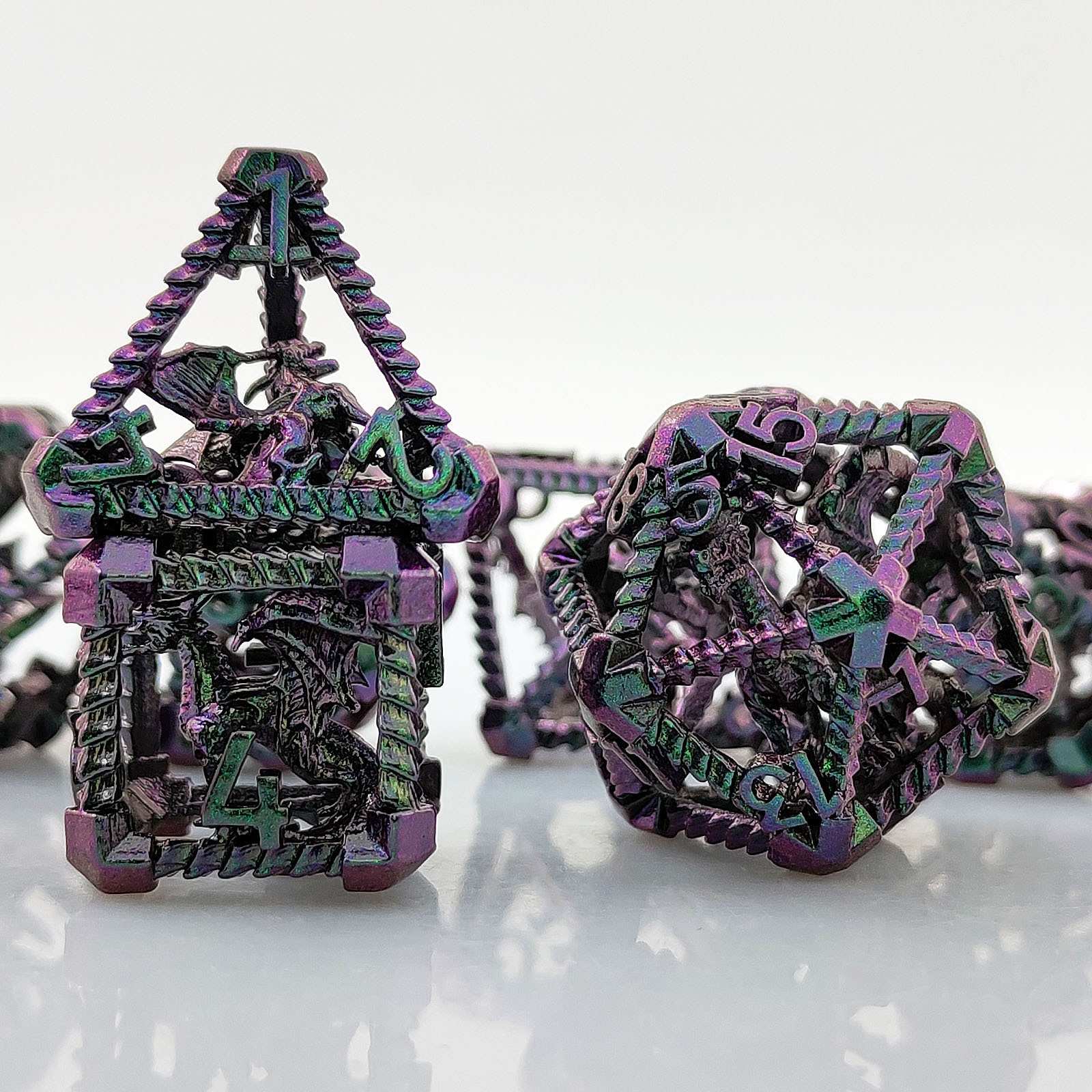 Prismatic Dragon Scale Hollow Metal DND Dice Set